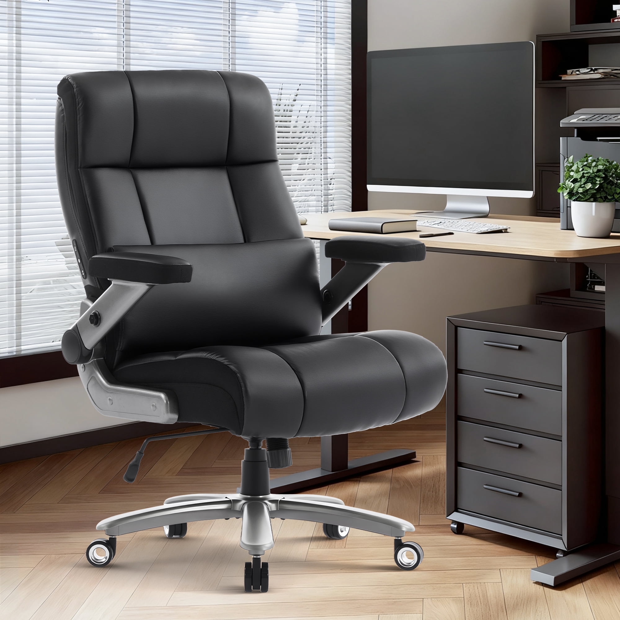 EOP 23.62'' Extra Wide Office Chair, 600 Lbs Big and Tall Executive Office Chair with Heat and Kneading Massage, Ergonomic Computer Chair with 3D Flip-up Arms, Black