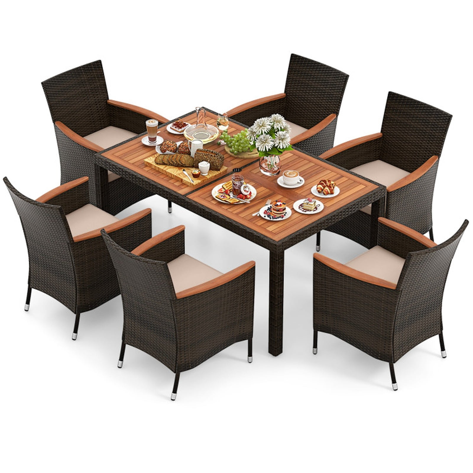 Biotree 7 Piece Patio Rattan Dining Set with Acacia Wood Table and Cushioned Chairs for Outdoor Backyard Garden and Porch Gatherings, Brown