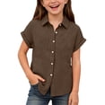 thumbnail image 2 of UACY Girls Casual Cotton Linen Button Down Short Sleeve Shirts Solid Summer Beach Blouses Tops with Pocket (Blackish Green, 12-13 Years), 2 of 7
