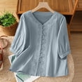 thumbnail image 7 of Womens Tops Embroidery Elbow Length Sleeve T-Shirts for Women Button Down V Neck Summer Dressy Casual Tshirts, 7 of 7