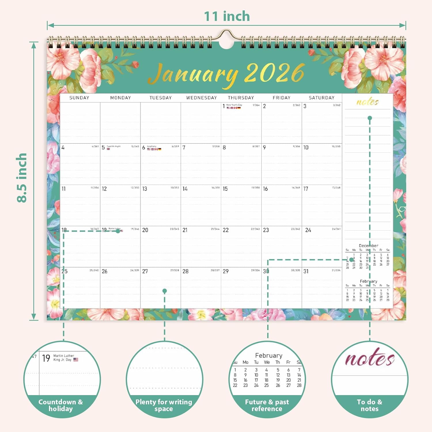 2026 Wall Calendar, Monthly Wall Calendars, Jan 2026 - Jun 2027, Desk Planner (8.5" x 11"), Hanging for Home, School, Office Supplies