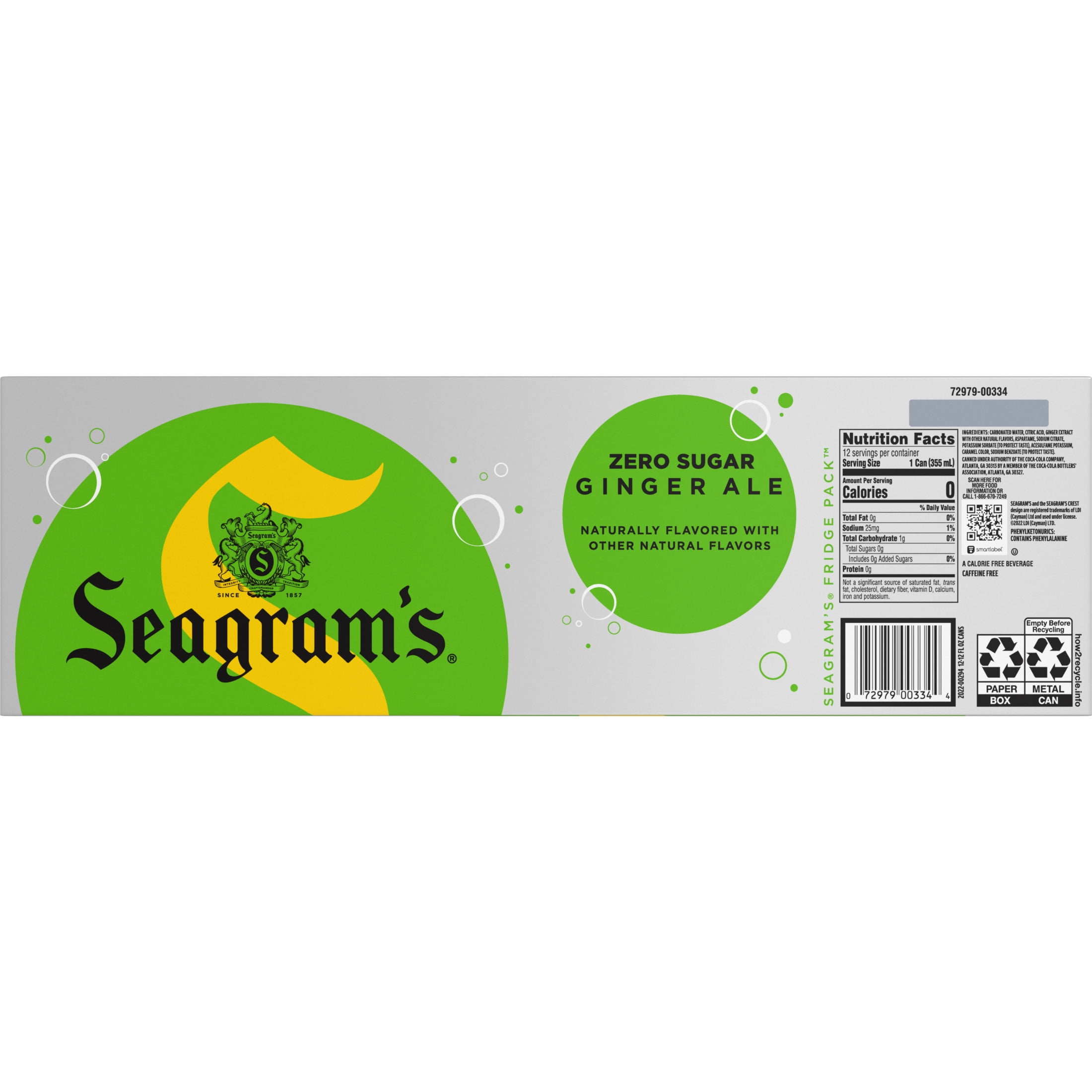 Seagrams Diet Zero Sugar Ginger Ale Soda Pop, 12 fl oz, 12 Pack Cans