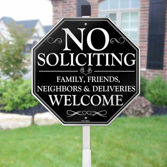 No Soliciting Sign for House, 10" x 28" No Solicitors Sign with Stake - Home Yard Decor, Metal Aluminum, Easy Install (No Soliciting, Friends Welcome)