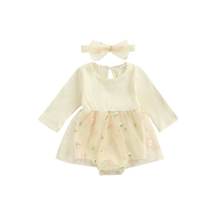 

Kiapeise Newborn Infant Baby Girls Long Sleeve Rib Knit Romper Floral Mesh Tutu Dress + Headband 2Pcs Set