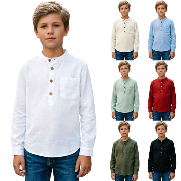Tshirts for Kids Boys Kids Unisex Long Sleeve Button Up Cotton Linen Shirt Pocket Girls Tops Army Green 5-6 Years