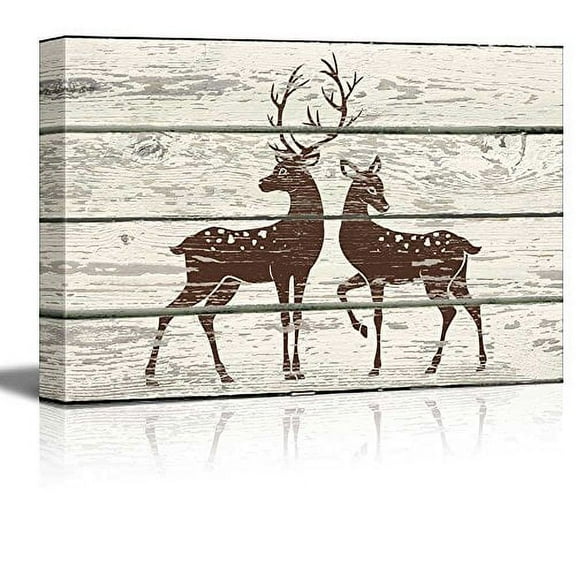 wall26 - Stag and Doe in Block Print Artwork - Rustic Canvas Wall Art Home Art - 16x24 inches