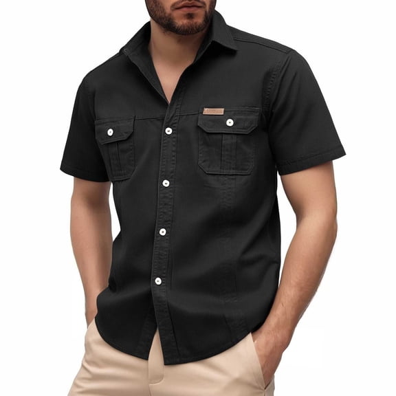 MIXUE Mens Casual Button Down Shirts Solid Color Lapel Summer Fashion Business Cargo Short Sleeve Shirt Tops Holiday Wear,Black,L