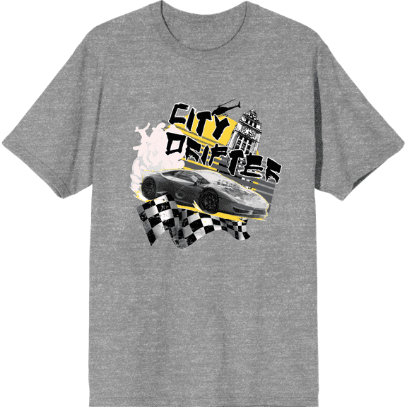 City Drifter Race Car With Flag And Clock Tower Adult Heather Gray Crew Neck Short Sleeve Tee-Medium