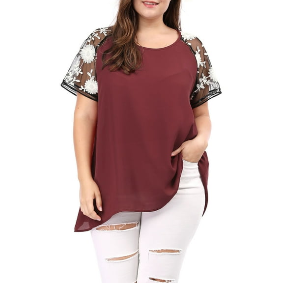 MODA NOVA Juniors' Plus Size Mesh Panel Raglan Sleeves Sheer Top Red 5X