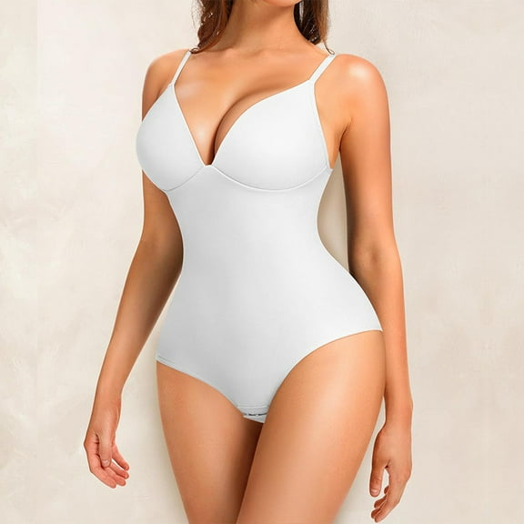 Viluyesy Womens Thong Bodysuit, Tight Fit Chest Support Tummy Control Compression Yogo Trainer Bodysuit White XL