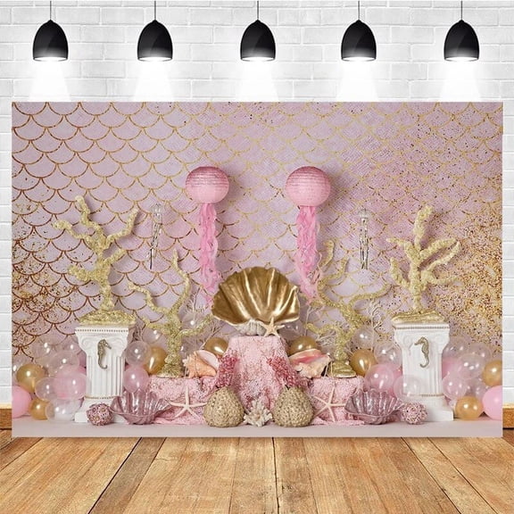 Underwater World Mermaid Photography Background Golden Coral Pink Balloon Decor Prop Princess Girl Birthday Cake Smash Backdrops
