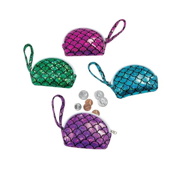 Mermaid Coin Purses, Birthday, Party Favors, Toys, Polyester, Zipper Closure, 4" x 3", 12 Count
