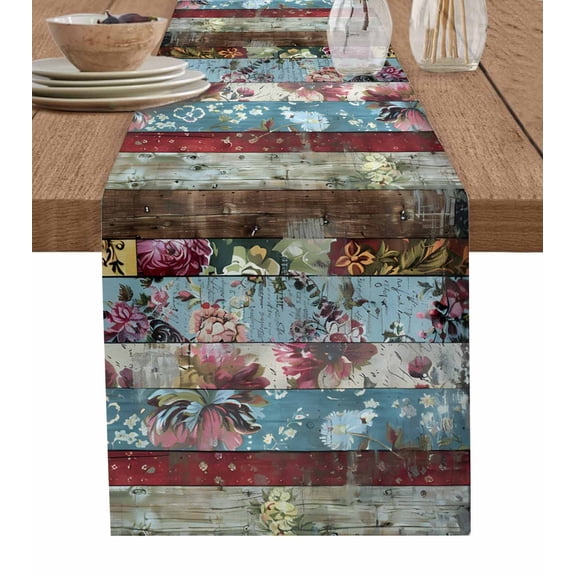 Table Runner Floral Texture Table Decoration for Kitchen Dinning Rustic Retro Wooden Table Decoration for Indoor Outdoor Party Wedding Decor 13x90 Inch
