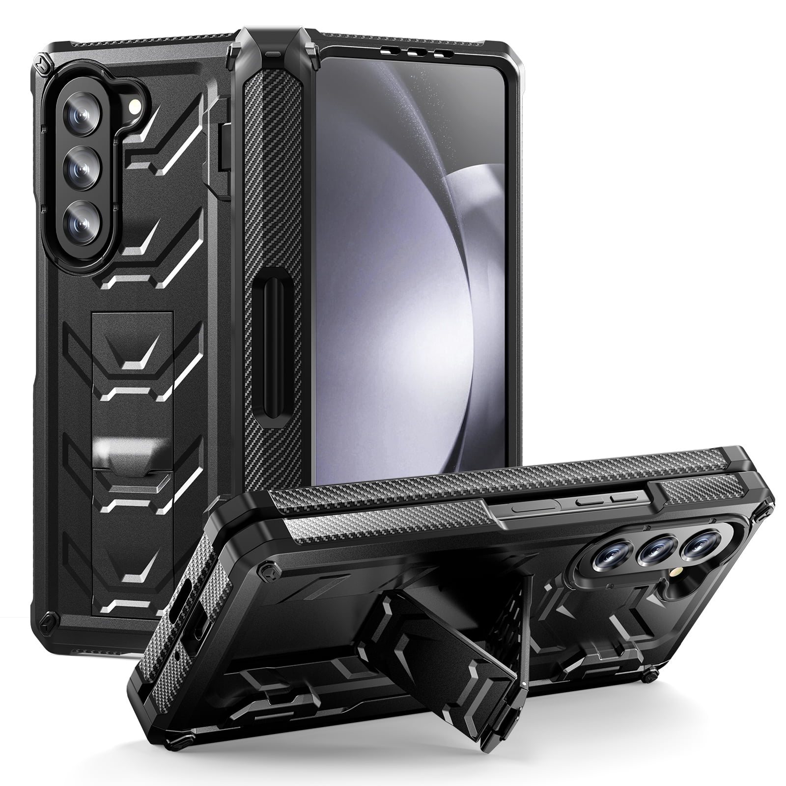ELEHOLD Rugged Hybrid Case for Samsung Galaxy Z Fold 5 with Built-in Screen Protector Hidden Kickstand Pen Slot Heavy Duty Full Body Shockproof Case with Stylus Pen for Samsung Z Fold5 2023,Black