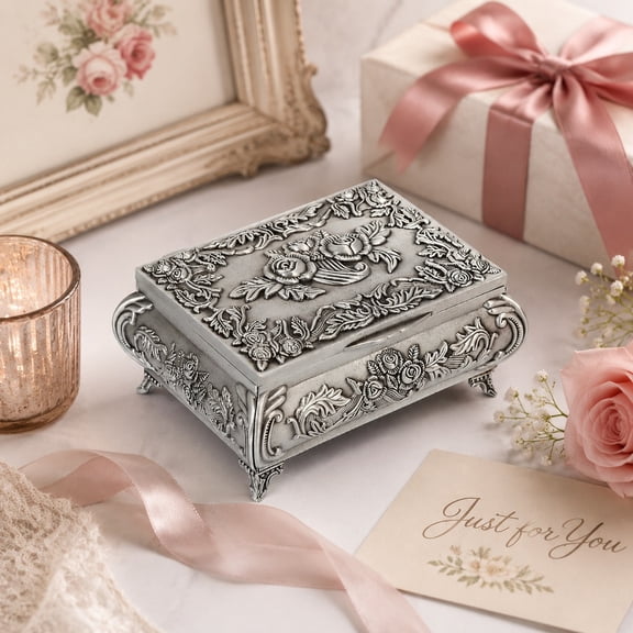 Vintage Floral Metal Jewelry Box, Silver Keepsake Storage Case with Ring Rolls and Compartments for Women, Antique Trinket Organizer for Home Decor, Birthday Holiday Gift