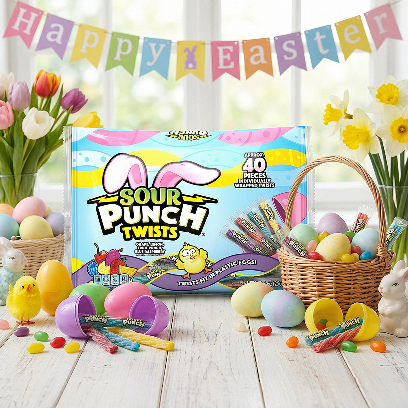 (3 pack) Sour Punch Twists Individually Wrapped Easter Candy, 9oz Bag