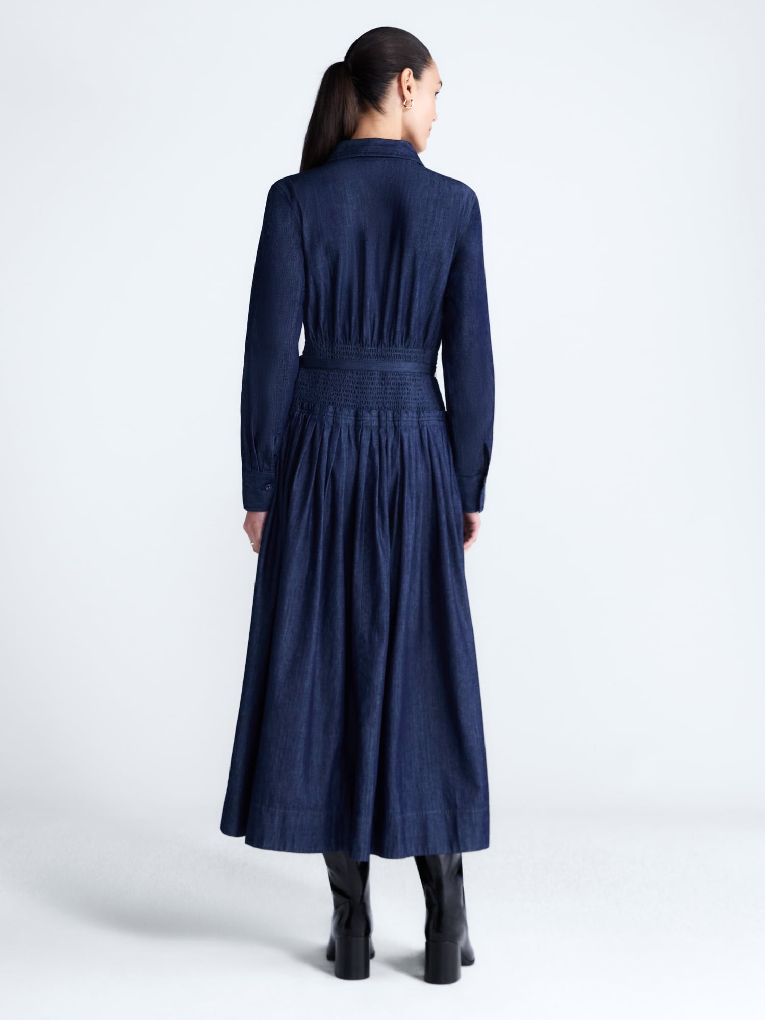 Free Assembly Women's Belted Smocked Waist Denim Midi Shirtdress, Sizes XS-XXL