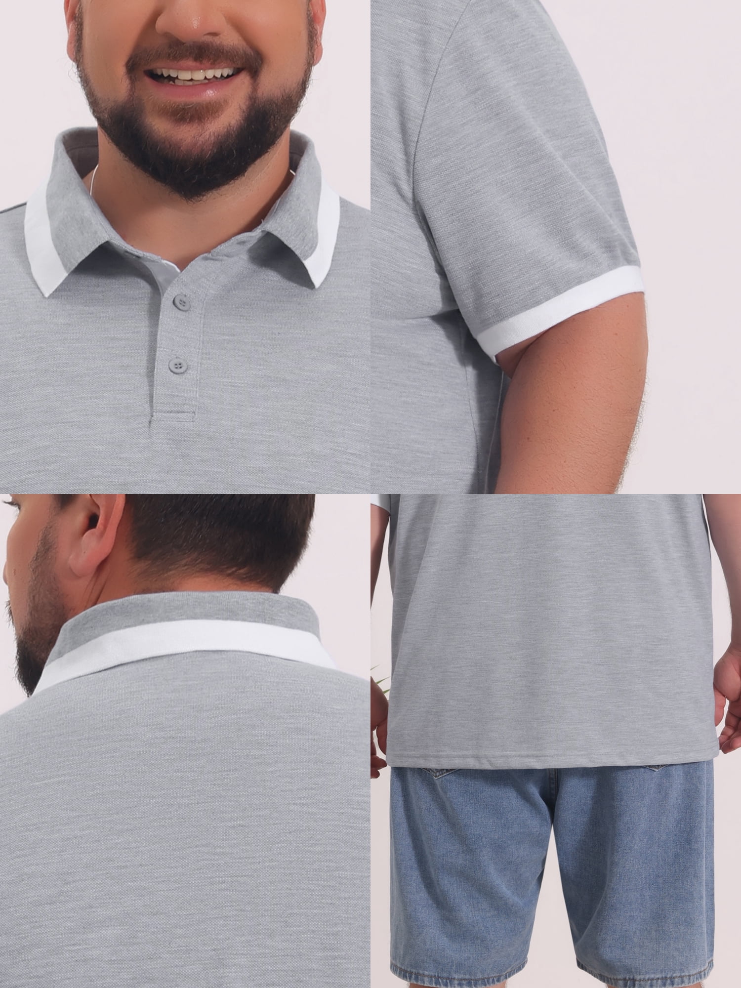 DARING DIVA Men's Big Tall Contrast Color Short Sleeve Button Down Polo XL Light Gray