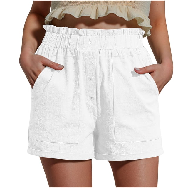 Summer Clearance 2025! Womens Plus Size Pants,Women's Summer Cotton And Linen Solid Color Ruffled Loose Button Shorts With Pockets