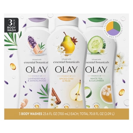 Olay Essential Botanicals Body Wash, 3-Pack (Lavender Milk & Sandalwood, Spiced Chai & Pear, White Tea & Cucumber), 23.6 fl oz Each