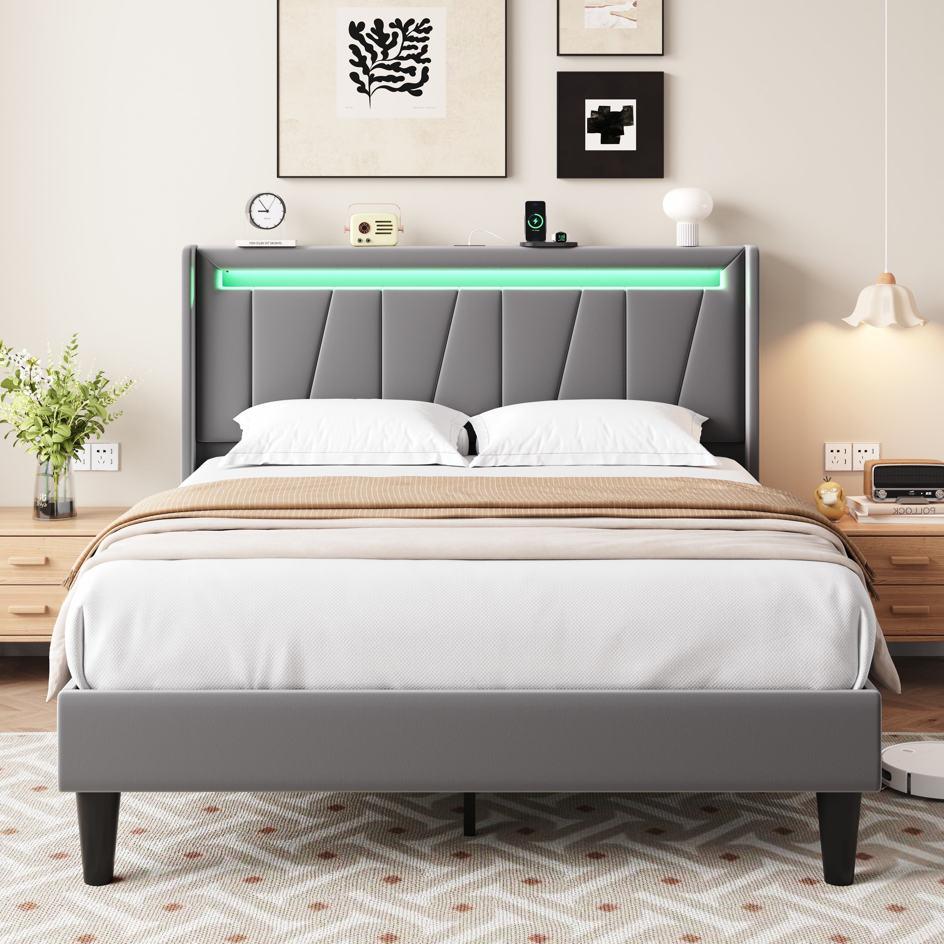 Amolife Full Size Bed Frame with Charging Station & LED Light, Velvet Upholstered Platform Bed with Geometric Wingback Headboard, Grey