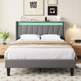thumbnail image 4 of Amolife Full Size Bed Frame with Charging Station & LED Light, Velvet Upholstered Platform Bed with Geometric Wingback Headboard, Grey, 4 of 12