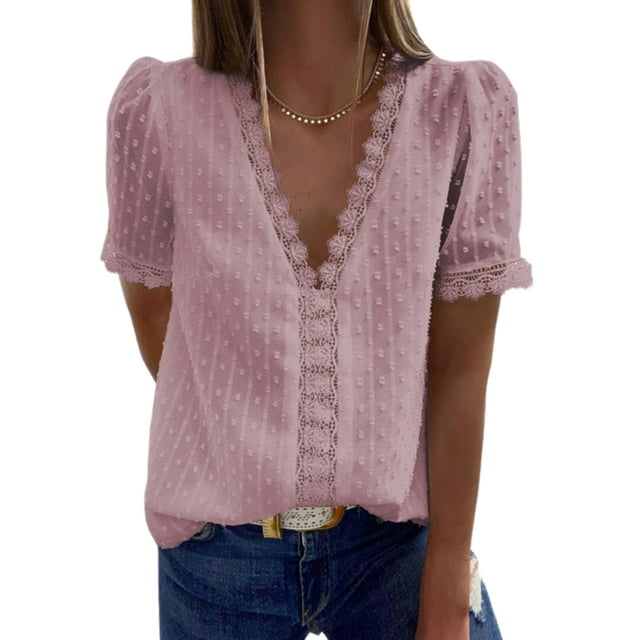 Women Dots Print Lace Splicing Short Sleeve V Neck Solid Color Shirt