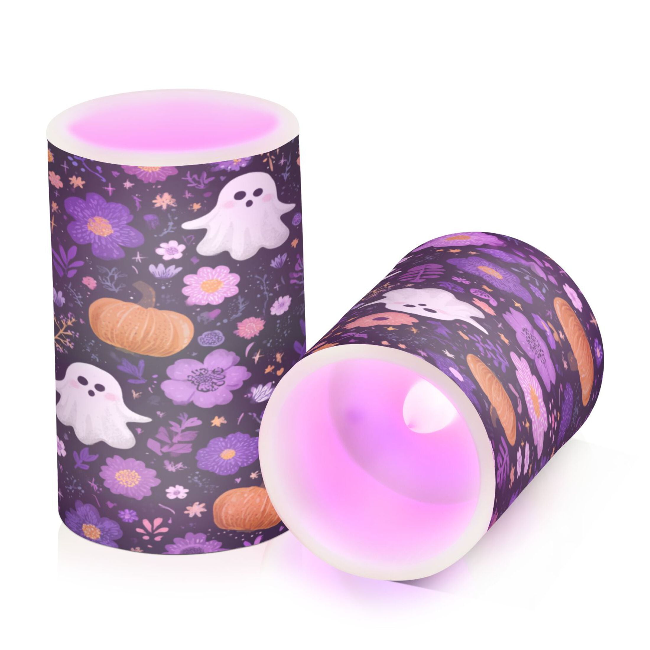 2 PCS Flameless Candles with Remote Timer LED Battery Operated Flickering Candle Light for Wedding Table Home Decoration Gifts Purple Flowers and Pumpkins