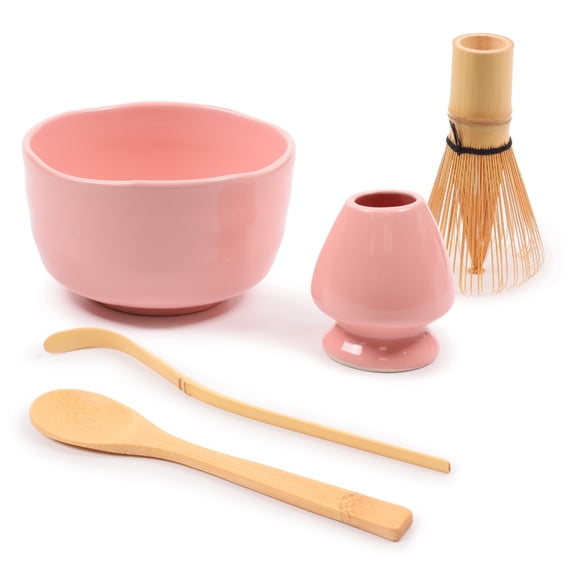 BambooMN Matcha Bowl Set (Includes Bowl, Rest,Tea Whisk, Chasaku, & Tea Spoon) 1 Set Pink