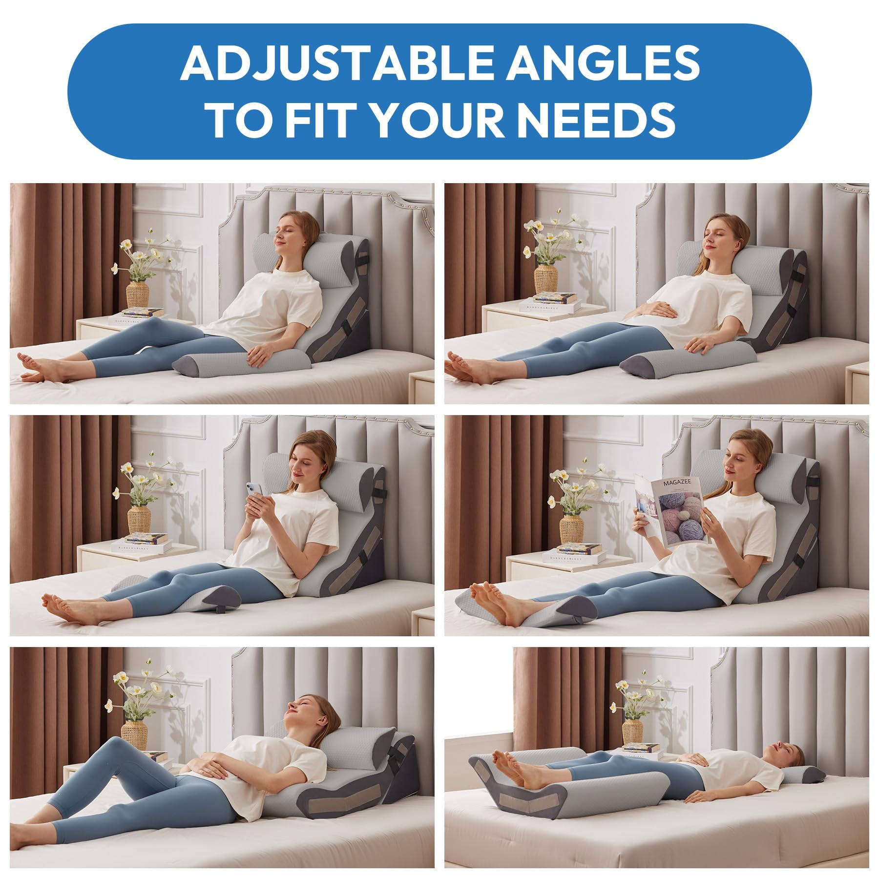 4pcs Wedge Pillow Set For After  Bed Sitting Up 10-in-1 Foam Acid Reflux & Grey