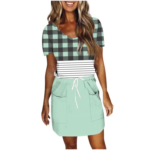 Hvot&aat Women Summer Casual Drawstring T Shirt Dress Short Sleeve V-Neck Beach Vacation Mini Dress with Pocket