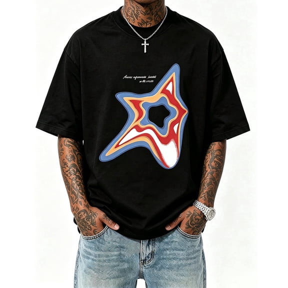 Men's Black Oversized Abstract Star Graphic T-Shirt, Crew Neck Short Sleeve