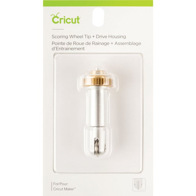 cricut cricut 2005101 Blanco punta para marcado (scoring wheel) y carcasa de accionamiento, vista frontal centrada del accesorio metálico blanco/plata con engrane dorado visible en blister y tarjeta con logo verde Cricut; adecuada para marcas y plegado en proyectos de corte y papelería.
