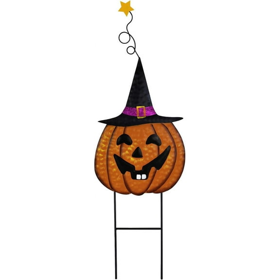 Pumpkin Garden Stake with Hat Metal Jack-O-Lantern Stakes Scary Yard Sign with Spooky Faces ative Pumpkins Thanksgiving Fall Outdoor for Lawn Pathway (C)