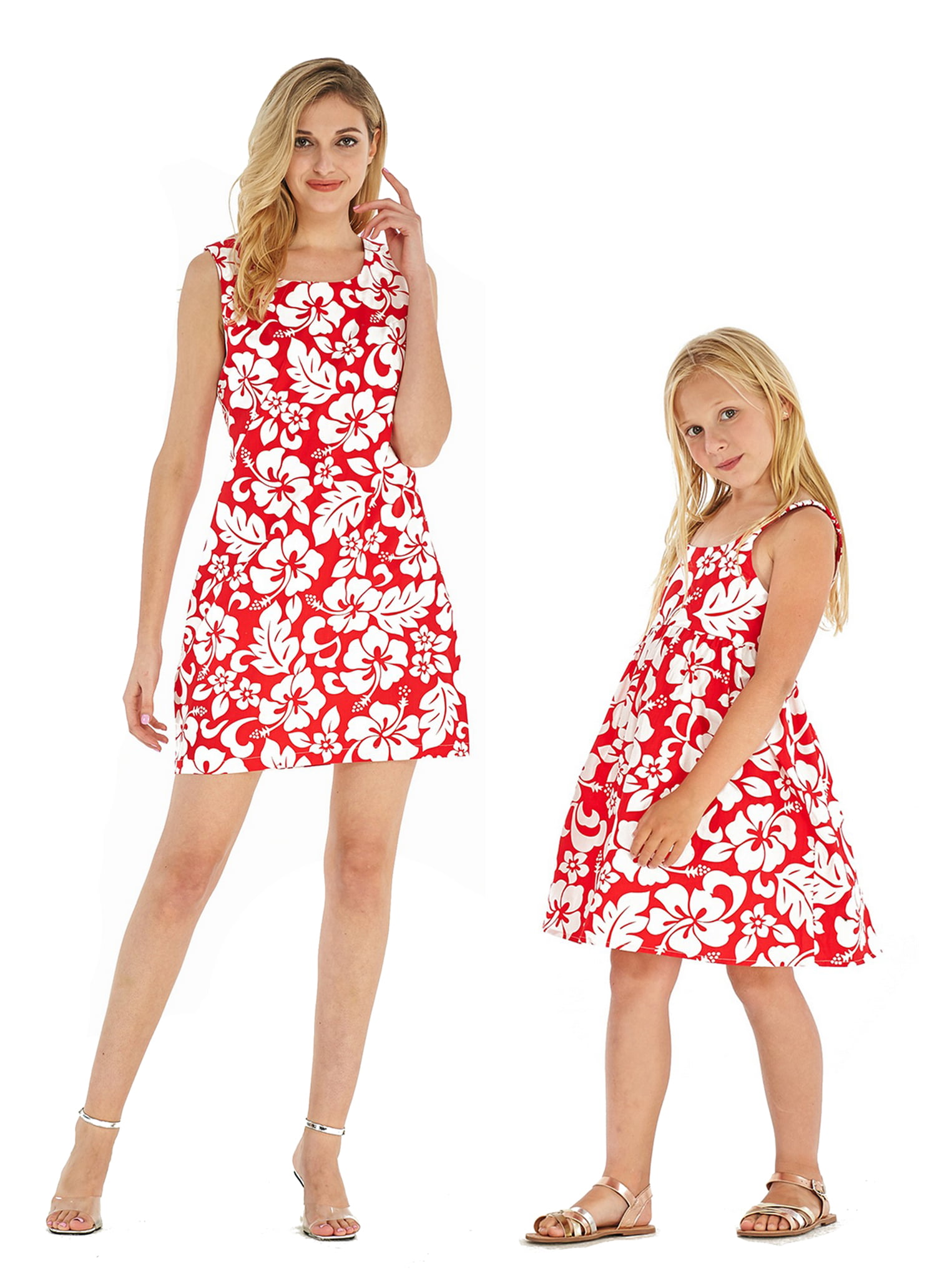 Mother Daughter Matching Dress Outfit Hawaiian Cruise Luau Beach Hibiscus Red 
