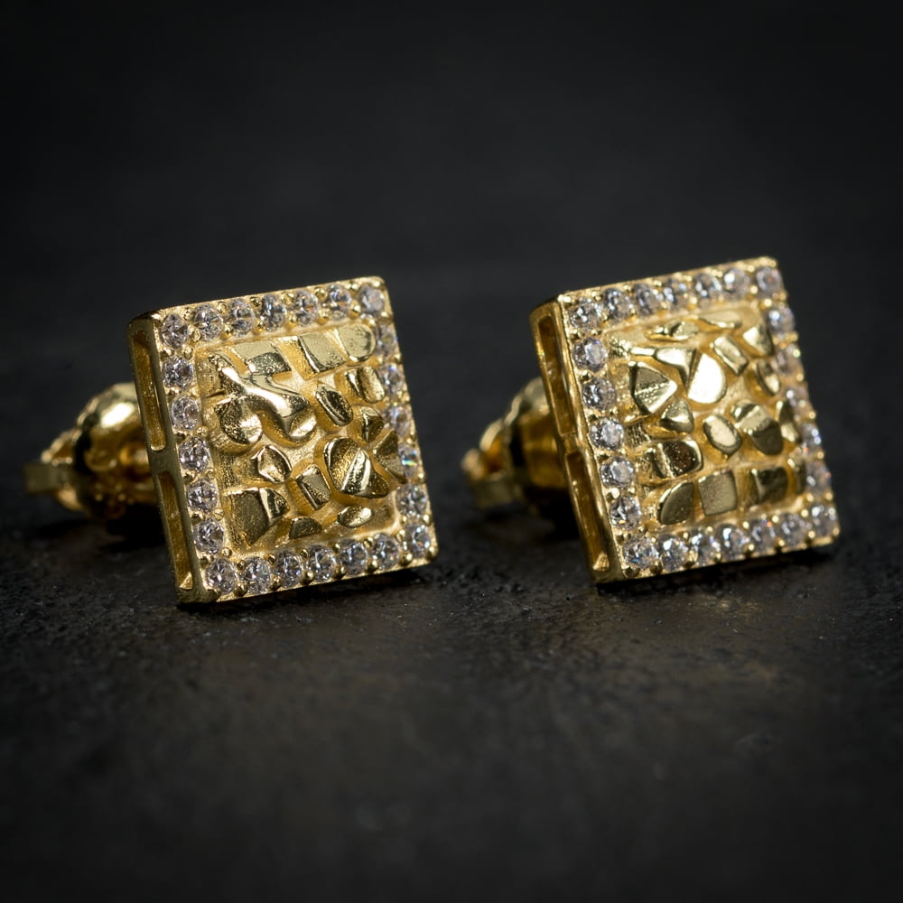 Square Shape 14K Yellow Gold Plated 925 Sterling Silver Screw Back Post 3D Large Retro 90's Hip Hop Ice Out Cz Hypoallergenic Big 10mm Solid Gold Textured Nugget Stud Earrings For Men