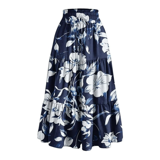 Bocqde Women's Boho Maxi Skirts Summer Fashion Casual Drawstring Elastic High Waist Long Skirt Solid Color Flowy A Line Ruffle Swing Skirt