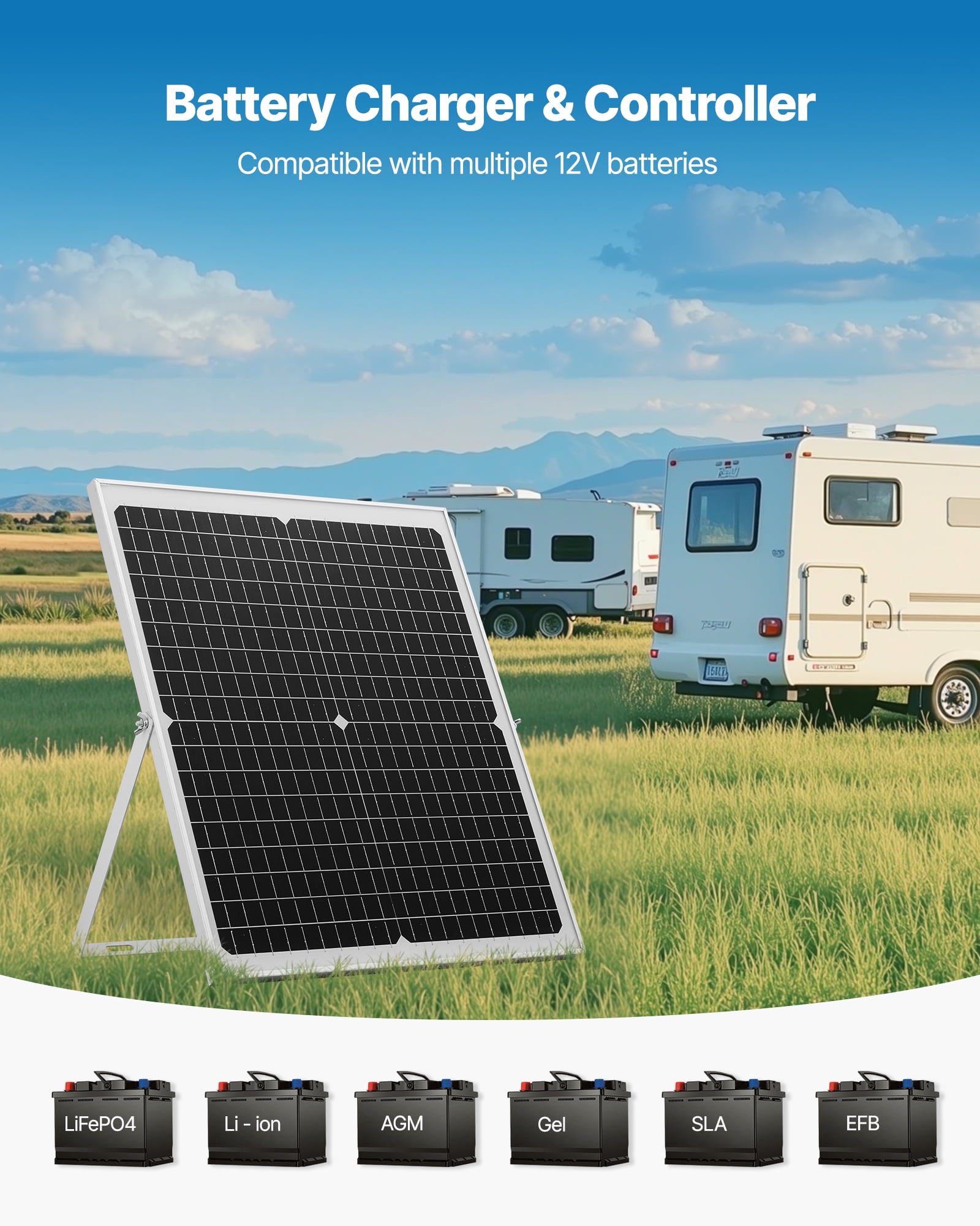 VEVOR 30W 12V Solar Panel Battery Charger, Solar Battery Trickle Charger Maintainer with Intelligent MPPT Controller & Adjustable Mount Bracket, IP67 Waterproof for Car Boat RV Motorcycle Trailer
