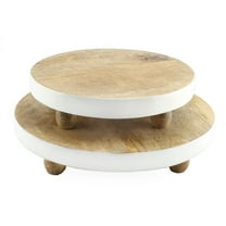 AuldHome Design Farmhouse Round Wooden Risers (Set of 2, White Trim), Rustic Decorative Risers for Display w/ Natural Mango Wood and Enamel Trim
