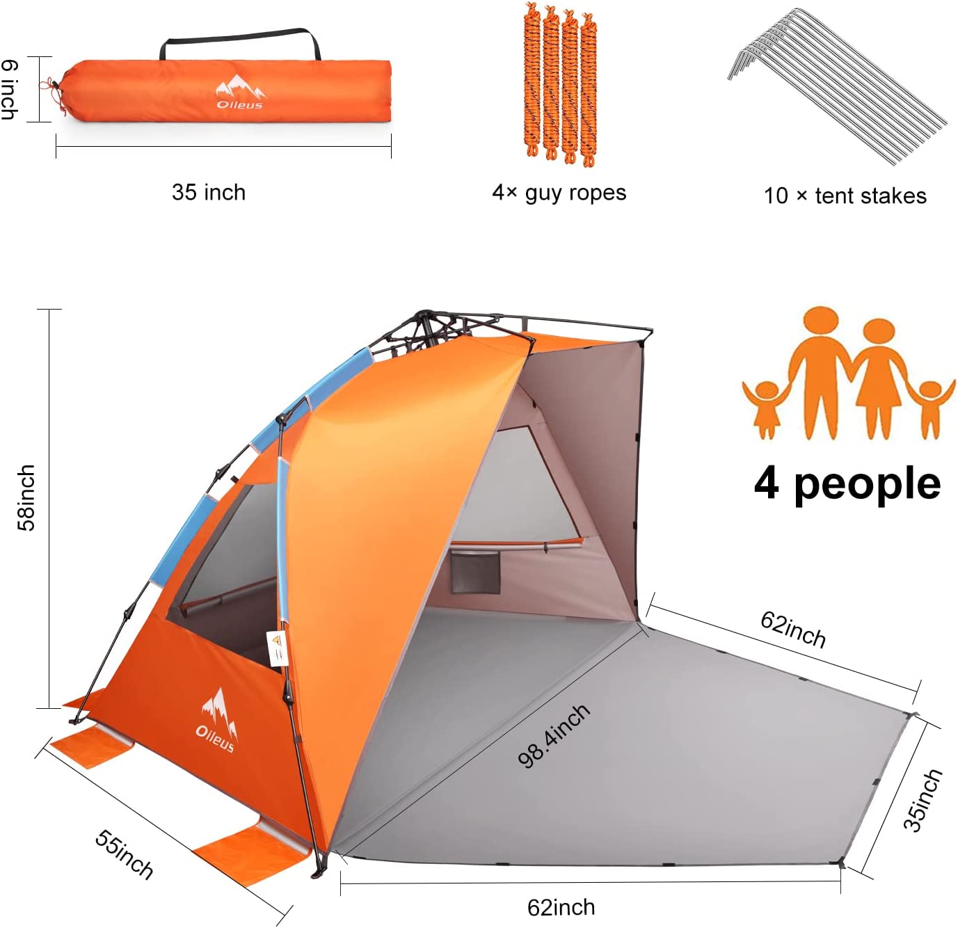 Oileus XX-Large Beach Tent Sun Shelter for 5-6 Person- Portable Sun Shade Instant Pop Up Tent for Beach with Carrying Bag, Stakes, 6 Sand Pockets, Anti UV for Fishing Hiking Camping, Waterproof - image 3 of 7