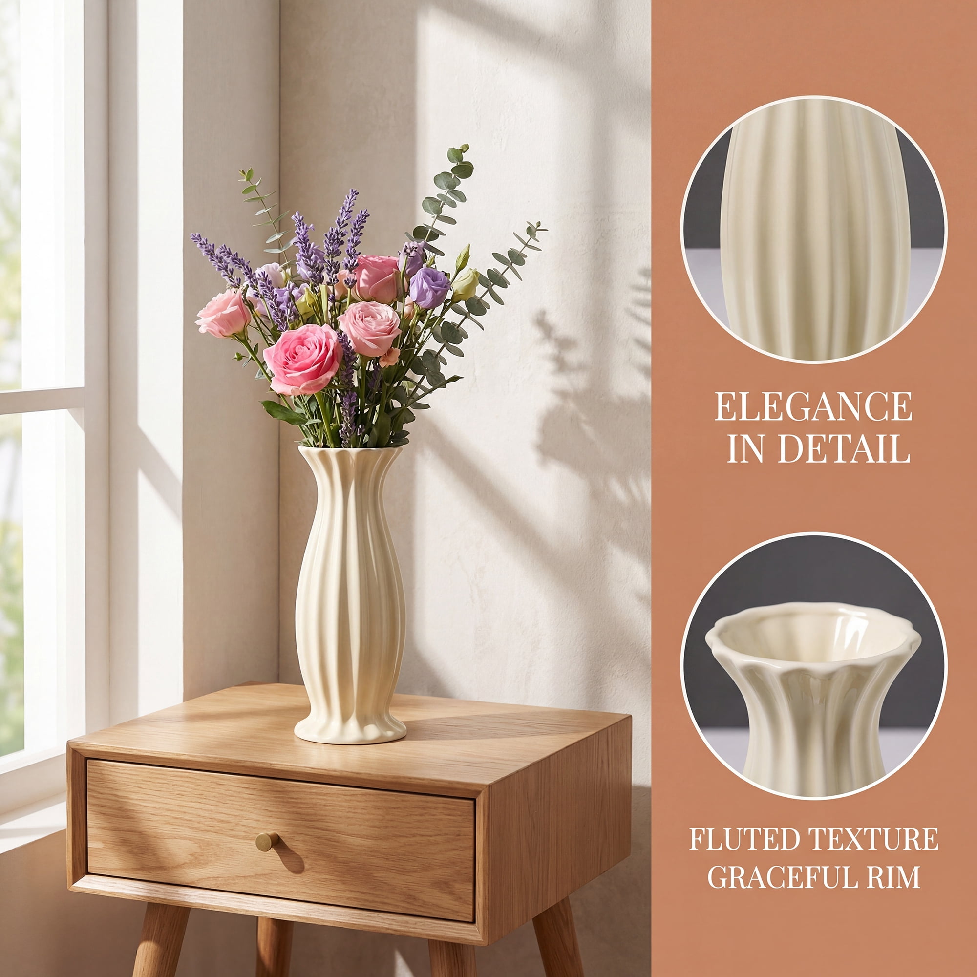 Unique Bargains Matte Ribbed Cylinder Vases Cream Yellow 2.9"L x 2.9"W x 7.9"H