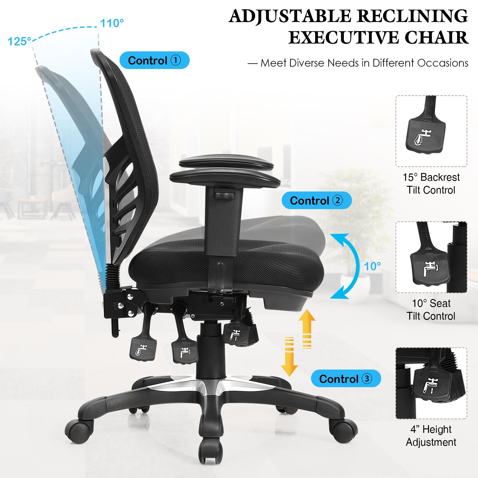 Giantex Mesh Office Chair, 3-Paddle Control, Lumbar Support, Adjustable Armrest and Backrest, Ergonomic Mid-Back Reclining Executive Chair for Working, Gaming (Black)