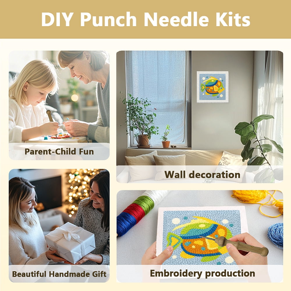 Polyester Cotton Punch Needle 4Folded Yarns Embroidery Kits Included Threader Cotton Thread Punch Needle Thread Clips 3.5MM Wooden Needle Fish DIY
