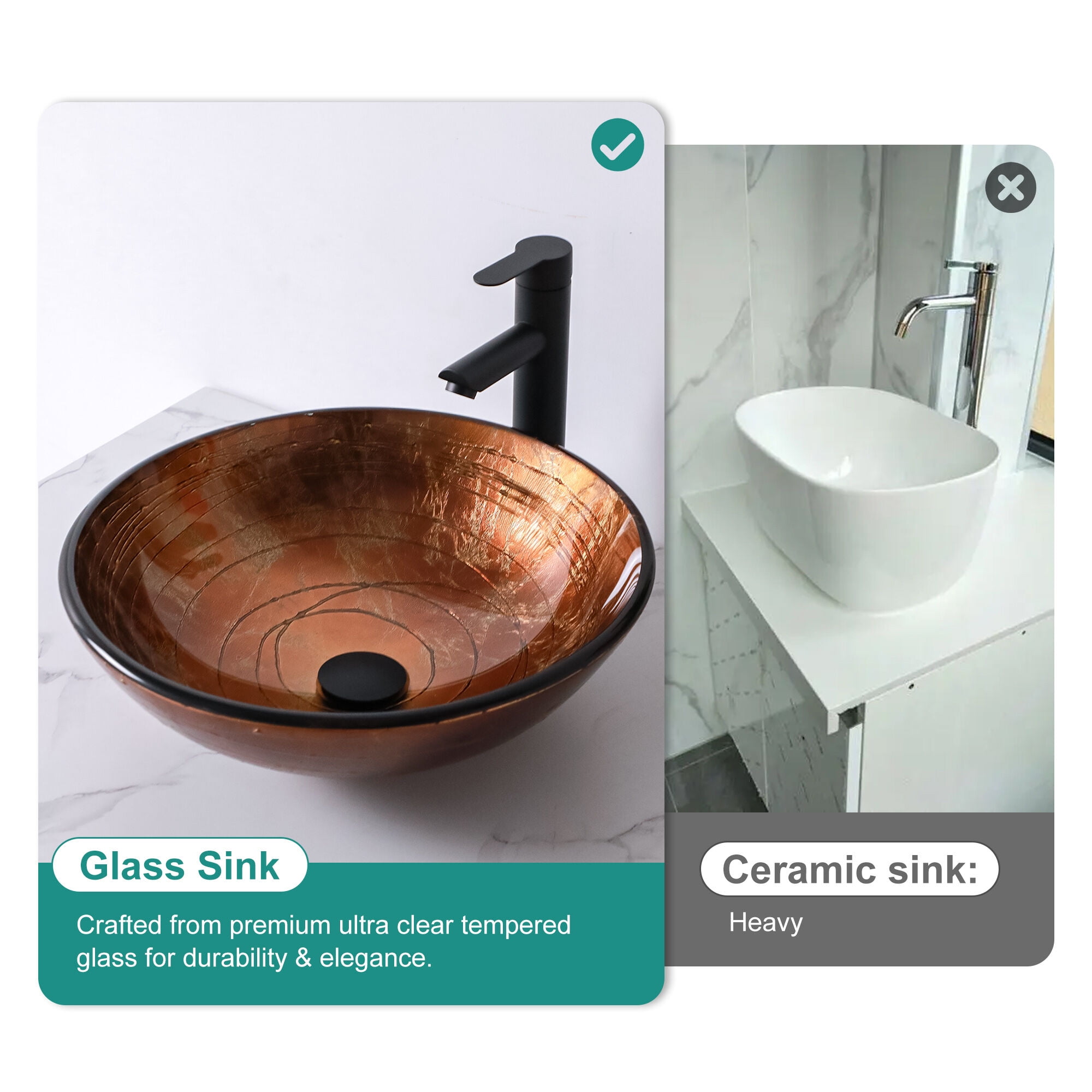 Vanity With Sink, Bathroom Artistic Tempered Glass Vessel Bathroom Sink with Pop-up Drain, Brown Tempered Glass Vanity Round Bowl (no Faucet), Brown Bathroom Vanity,Tempered Glass Single Sink Vanity