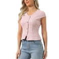 thumbnail image 4 of INSPIRE CHIC Women's Tweed Plaid Top V Neck Cap Sleeve Peplum Hem Blouse Pink XS, 4 of 6