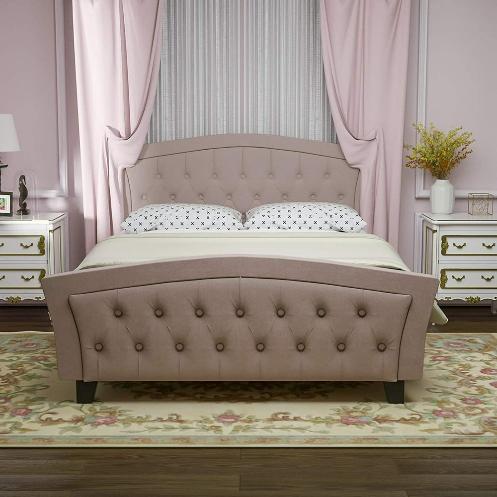 Velvet Upholstered Full Bed Frame, Curved Button Tufted Headboard and