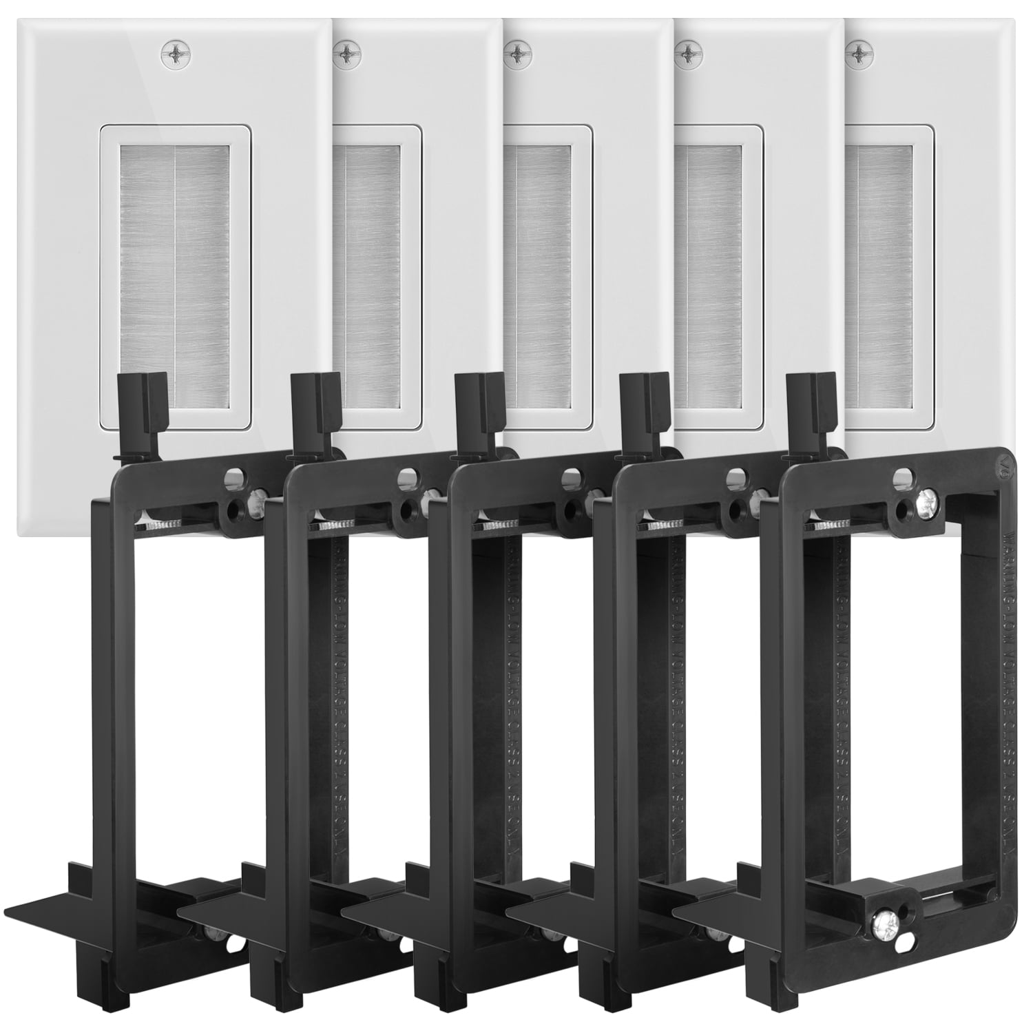 Fosmon (5 Pack) Single Gang Wall Plate, Brush Style Opening Passthrough Cable Plate with Low Voltage Mounting Bracket