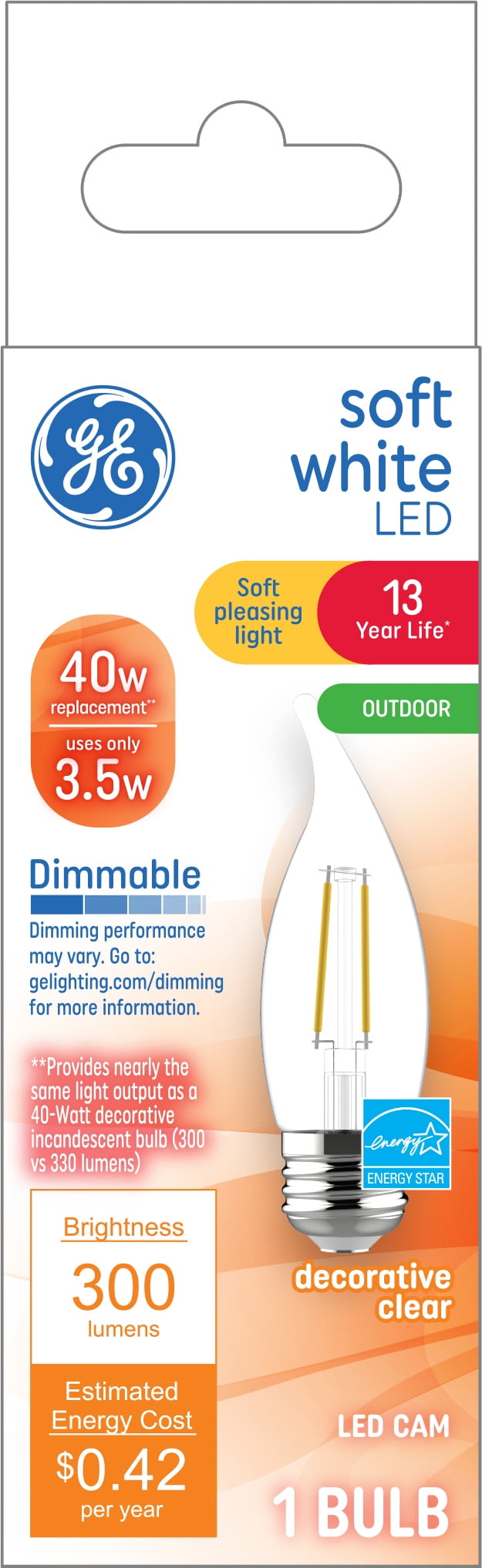 GE Soft White LED Outdoor Decorative Light Bulbs, 40 Watt Eqv, Medium Base, 13 year, 1pk