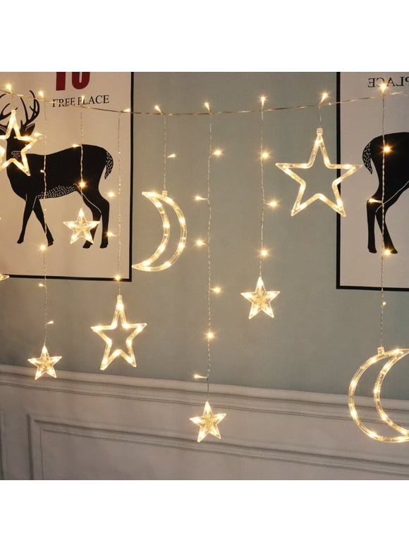 Mainstays 144-Count Indoor Battery Operated Warm White LED Curtain Lights with Stars and Moons