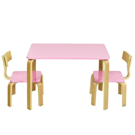 Gymax 3 Piece Kids Wooden Table and 2 Chairs Set Children Activity Art Desk Furniture